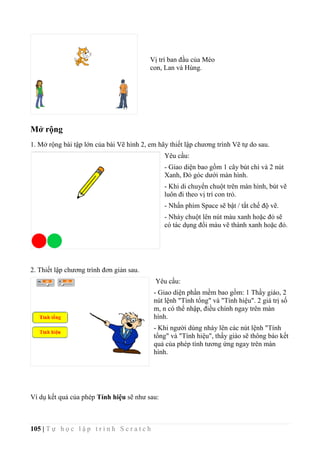105 | T ự h ọ c l ậ p t r ì n h S c r a t c h
Mở rộng
1. Mở rộng bài tập lớn của bài Vẽ hình 2, em hãy thiết lập chương trình Vẽ tự do sau.
Yêu cầu:
- Giao diện bao gồm 1 cây bút chì và 2 nút
Xanh, Đỏ góc dưới màn hình.
- Khi di chuyển chuột trên màn hình, bút vẽ
luôn đi theo vị trí con trỏ.
- Nhấn phím Space sẽ bật / tắt chế độ vẽ.
- Nháy chuột lên nút màu xanh hoặc đỏ sẽ
có tác dụng đổi màu vẽ thành xanh hoặc đỏ.
2. Thiết lập chương trình đơn giản sau.
Yêu cầu:
- Giao diện phần mềm bao gồm: 1 Thầy giáo, 2
nút lệnh "Tính tổng" và "Tính hiệu". 2 giá trị số
m, n có thể nhập, điều chính ngay trên màn
hình.
- Khi người dùng nháy lên các nút lệnh "Tính
tổng" và "Tính hiệu", thầy giáo sẽ thông báo kết
quả của phép tính tương ứng ngay trên màn
hình.
Ví dụ kết quả của phép Tính hiệu sẽ như sau:
Vị trí ban đầu của Mèo
con, Lan và Hùng.
 