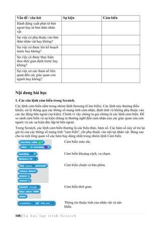 108 | T ự h ọ c l ậ p t r ì n h S c r a t c h
Vấn đề / câu hỏi Sự kiện Cảm biến
Hành động xuất phát từ bên
ngoài hay từ bản thân nhân
vật
Sự việc có phụ thuộc vào bản
thân nhân vật hay không?
Sự việc có được lên kế hoạch
trước hay không?
Sự việc có được thực hiện
theo thời gian định trước hay
không?
Sự việc có các tham số liên
quan đến các giác quan con
người hay không?
Nội dung bài học
1. Các câu lệnh cảm biến trong Scratch.
Các lệnh cảm biến nằm trong nhóm lệnh Sensing (Cảm biến). Các lệnh này thường điều
khiển, xử lý thông qua các thông số mang tính cảm nhận, định tính và không phụ thuộc vào
các tác động bên ngoài (sự kiện). Chính vì vậy chúng ta gọi chúng là các lệnh cảm biến. Để
so sánh cảm biến và sự kiện chúng ta thường nghĩ đến cảm nhận của các giác quan của con
người và các sự kiện độc lập từ bên ngoài.
Trong Scratch, các lệnh cảm biến thường là các biểu thức, hàm số. Các hàm số này sẽ trả lại
giá trị của các thông số mang tính "cảm biến", chỉ phụ thuộc vào nội tại nhân vật. Bảng sau
cho ta một tổng quan về các hàm hay dùng nhất trong nhóm lệnh Cảm biến.
Cảm biến màu sắc.
Cảm biến khoảng cách, va chạm.
Cảm biến chuột và bàn phím.
Cảm biến thời gian.
Thông tin thuộc tính của nhân vật và sân
khấu.
 
