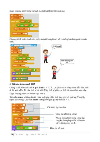 128 | T ự h ọ c l ậ p t r ì n h S c r a t c h
Đoạn chương trình trong Scratch mô tả thuật toán trên như sau:
Chương trình hoàn chỉnh cho phép nhập từ bàn phím 1 số và thông báo kết quả trên màn
hình.
5. Bài toán tính nhanh 100!
Chúng ta đã biết cách tính n giai thừa n! = 1.2.3…. n (tích của n số tự nhiên đầu tiên, tính
từ 1). Với n lớn thì việc tính n! rất khó. Máy tính sẽ giúp em tính rất nhanh bài toán này.
Đoạn chương trình sau mô tả việc tính n!
Biến nhớ count sẽ tăng dần từ 1 đến n để góp phần tính tăng cho kết quả kq. Vòng lặp
ngoài có n vòng. Các biến count và kq được gán giá trị ban đầu = 1.
Các thiết lập ban đầu.
Vòng lặp chính (n vòng)
Nhóm lệnh chính trong vòng lặp:
tăng kq theo phép nhân với count
và và tăng count lên 1.
Hiển thị kết quả
 