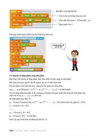 140 | T ự h ọ c l ậ p t r ì n h S c r a t c h
Chương trình hoàn chỉnh của bài toán này như sau:
3. Chuyển số thập phân sang nhị phân
Bài toán: cho trước số thập phân, hãy biểu diễn số này sang hệ nhị phân.
Bài toán này giải quyết vấn đề ngược lại so với bài toán trên.
Để tìm được cách làm bài này, chúng ta lại quan sát công thức:
anan-1….a1a0 (binary) = an.2n-1
+ an-1.2n-2
+ …. + a1.2 + a0 (decimal)
Gọi số thập phân ban đầu là D, chúng ta sẽ phân tích quá trình tính toán để tính được lần
lượt các số a0, a1, …., an-1, an như sau.
Số thập phân ban đầu: D
a0 = D mod 2 (tính số dư); an.2n-2
+ an-1.2n-3
+ …. + a1 = D/2 (làm tròn số); (gán D = D/2).
a1 = D mod 2; D = D/2.
…….
an-1 = D mod 2, D = D/2.
an = D mod 2, D/2 = 0, kết thúc.
Như vậy qui trình trên sẽ dừng lại khi D = 0.
Bắt đầu vòng lặp độ dài
len
Lấy ra ký tự tương ứng của xâu
Binary
Thay đổi Decimal = 2*Decimal + ch
Tăng index lên 1
 