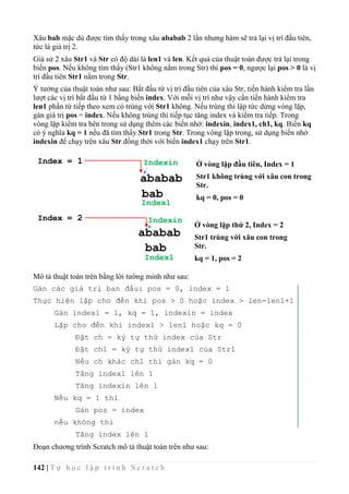 142 | T ự h ọ c l ậ p t r ì n h S c r a t c h
Xâu bab mặc dù được tìm thấy trong xâu ababab 2 lần nhưng hàm sẽ trả lại vị trí đầu tiên,
tức là giá trị 2.
Giả sử 2 xâu Str1 và Str có độ dài là len1 và len. Kết quả của thuật toán được trả lại trong
biến pos. Nếu không tìm thấy (Str1 không nằm trong Str) thì pos = 0, ngược lại pos > 0 là vị
trí đầu tiên Str1 nằm trong Str.
Ý tưởng của thuật toán như sau: Bắt đầu từ vị trí đầu tiên của xâu Str, tiến hành kiểm tra lần
lượt các vị trí bắt đầu từ 1 bằng biến index. Với mỗi vị trí như vậy cần tiến hành kiểm tra
len1 phần từ tiếp theo xem có trùng với Str1 không. Nếu trùng thì lập tức dừng vòng lặp,
gán giá trị pos = index. Nếu không trùng thì tiếp tục tăng index và kiểm tra tiếp. Trong
vòng lặp kiểm tra bên trong sử dụng thêm các biến nhớ: indexin, index1, ch1, kq. Biến kq
có ý nghĩa kq = 1 nếu đã tìm thấy Str1 trong Str. Trong vòng lặp trong, sử dụng biến nhớ
indexin để chạy trên xâu Str đồng thời với biến index1 chạy trên Str1.
Mô tả thuật toán trên bằng lời tường minh như sau:
Gán các giá trị ban đầu: pos = 0, index = 1
Thực hiện lặp cho đến khi pos > 0 hoặc index > len-len1+1
Gán index1 = 1, kq = 1, indexin = index
Lặp cho đến khi index1 > len1 hoặc kq = 0
Đặt ch = ký tự thứ index của Str
Đặt ch1 = ký tự thứ index1 của Str1
Nếu ch khác ch1 thì gán kq = 0
Tăng index1 lên 1
Tăng indexin lên 1
Nếu kq = 1 thì
Gán pos = index
nếu không thì
Tăng index lên 1
Đoạn chương trình Scratch mô tả thuật toán trên như sau:
ababab
bab
ababab
bab
Index = 1
Index = 2
Indexin
Index1
Indexin
Index1
Ở vòng lặp đầu tiên, Index = 1
Str1 không trùng với xâu con trong
Str.
kq = 0, pos = 0
Ở vòng lặp thứ 2, Index = 2
Str1 trùng với xâu con trong
Str.
kq = 1, pos = 2
 