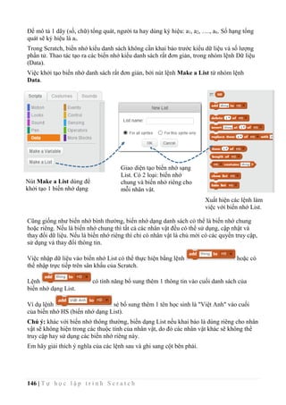 146 | T ự h ọ c l ậ p t r ì n h S c r a t c h
Để mô tả 1 dãy (số, chữ) tổng quát, người ta hay dùng ký hiệu: a1, a2, …., an. Số hạng tổng
quát sẽ ký hiệu là ai.
Trong Scratch, biến nhớ kiểu danh sách không cần khai báo trước kiểu dữ liệu và số lượng
phần tử. Thao tác tạo ra các biến nhớ kiểu danh sách rất đơn giản, trong nhóm lệnh Dữ liệu
(Data).
Việc khởi tạo biến nhớ danh sách rất đơn giản, bởi nút lệnh Make a List từ nhóm lệnh
Data.
Cũng giống như biến nhớ bình thường, biến nhớ dạng danh sách có thể là biến nhớ chung
hoặc riêng. Nếu là biến nhớ chung thì tất cả các nhân vật đều có thể sử dụng, cập nhật và
thay đổi dữ liệu. Nếu là biến nhớ riêng thì chỉ có nhân vật là chủ mới có các quyền truy cập,
sử dụng và thay đổi thông tin.
Việc nhập dữ liệu vào biến nhớ List có thể thực hiện bằng lệnh hoặc có
thể nhập trực tiếp trên sân khấu của Scratch.
Lệnh có tính năng bổ sung thêm 1 thông tin vào cuối danh sách của
biến nhớ dạng List.
Ví dụ lệnh sẻ bổ sung thêm 1 tên học sinh là "Việt Anh" vào cuối
của biến nhớ HS (biến nhớ dạng List).
Chú ý: khác với biến nhớ thông thường, biến dạng List nếu khai báo là dùng riêng cho nhân
vật sẽ không hiện trong các thuộc tính của nhân vật, do đó các nhân vật khác sẽ không thể
truy cập hay sử dụng các biến nhớ riêng này.
Em hãy giải thích ý nghĩa của các lệnh sau và ghi sang cột bên phải.
Nút Make a List dùng để
khởi tạo 1 biến nhớ dạng
List.
Giao diện tạo biến nhớ sạng
List. Có 2 loại: biến nhớ
chung và biến nhớ riêng cho
mỗi nhân vật.
Xuất hiện các lệnh làm
việc với biến nhớ List.
 