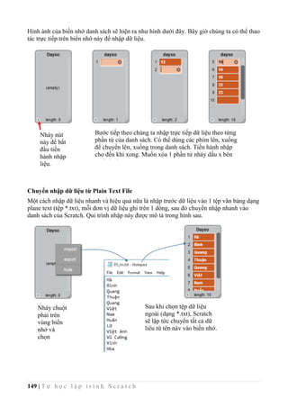 149 | T ự h ọ c l ậ p t r ì n h S c r a t c h
Hỉnh ảnh của biến nhớ danh sách sẽ hiện ra như hình dưới đây. Bây giờ chúng ta có thể thao
tác trực tiếp trên biến nhớ này để nhập dữ liệu.
Chuyển nhập dữ liệu từ Plain Text File
Một cách nhập dữ liệu nhanh và hiệu quả nữa là nhập trước dữ liệu vào 1 tệp văn bảng dạng
plane text (tệp *.txt), mỗi đơn vị dữ liệu ghi trên 1 dòng, sau đó chuyển nhập nhanh vào
danh sách của Scratch. Qui trình nhập này được mô tả trong hình sau.
Nháy nút
này để bắt
đầu tiến
hành nhập
liệu.
Bước tiếp theo chúng ta nhập trực tiếp dữ liệu theo từng
phần từ của danh sách. Có thể dùng các phím lên, xuống
để chuyển lên, xuống trong danh sách. Tiến hành nhập
cho đến khi xong. Muốn xóa 1 phần tử nháy dấu x bên
cạnh ô này.
Nháy chuột
phải trên
vùng biến
nhớ và
chọn
import
Sau khi chọn tệp dữ liệu
ngoài (dạng *.txt), Scratch
sẽ lập tức chuyển tất cả dữ
liệu từ tệp này vào biến nhớ.
 