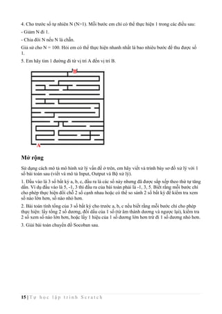 15 | T ự h ọ c l ậ p t r ì n h S c r a t c h
4. Cho trước số tự nhiên N (N>1). Mỗi bước em chỉ có thể thực hiện 1 trong các điều sau:
- Giảm N đi 1.
- Chia đôi N nếu N là chẵn.
Giả sử cho N = 100. Hỏi em có thể thực hiện nhanh nhất là bao nhiêu bước để thu được số
1.
5. Em hãy tìm 1 đường đi từ vị trí A đến vị trí B.
Mở rộng
Sử dụng cách mô tả mô hình xử lý vấn đề ở trên, em hãy viết và trình bày sơ đồ xử lý với 1
số bài toán sau (viết và mô tả Input, Output và Bộ xử lý).
1. Đầu vào là 3 số bất kỳ a, b, c, đầu ra là các số này nhưng đã được sắp xếp theo thứ tự tăng
dần. Ví dụ đầu vào là 5, -1, 3 thì đầu ra của bài toán phải là -1, 3, 5. Biết rằng mỗi bước chỉ
cho phép thực hiện đổi chỗ 2 số cạnh nhau hoặc có thể so sánh 2 số bất kỳ để kiểm tra xem
số nào lớn hơn, số nào nhỏ hơn.
2. Bài toán tính tổng của 3 số bất kỳ cho trước a, b, c nếu biết rằng mỗi bước chỉ cho phép
thực hiện: lấy tổng 2 số dương, đổi dấu của 1 số (từ âm thành dương và ngược lại), kiểm tra
2 số xem số nào lớn hơn, hoặc lấy 1 hiệu của 1 số dương lớn hơn trừ đi 1 số dương nhỏ hơn.
3. Giải bài toán chuyển đồ Socoban sau.
A
B
 