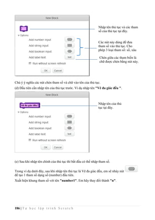 186 | T ự h ọ c l ậ p t r ì n h S c r a t c h
Chú ý ý nghĩa các nút chèn tham số và chữ vào tên của thủ tục.
(d) Đầu tiên cần nhập tên của thủ tục trước. Ví dụ nhập tên "Vẽ đa giác đều ".
(e) Sau khi nhập tên chính của thủ tục thì bắt đầu có thể nhập tham số.
Trong ví dụ dưới đây, sau khi nhập tên thủ tục là Vẽ đa giác đều, em sẽ nháy nút
để tạo 1 tham số dạng số (number) đầu tiên.
Xuất hiện khung tham số với tên "number1". Em hãy thay đổi thành "n".
Nhập tên thủ tục và các tham
số của thủ tục tại đây.
Các nút này dùng để đưa
tham số vào thủ tục. Cho
phép 3 loại tham số: số, xâu
và logic.
Chèn giữa các tham biến là
chữ được chèn bằng nút này.
Nhập tên của thủ
tục tại đây.
 