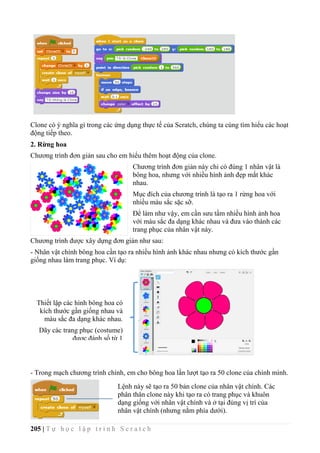 205 | T ự h ọ c l ậ p t r ì n h S c r a t c h
Clone có ý nghĩa gì trong các ứng dụng thực tế của Scratch, chúng ta cùng tìm hiểu các hoạt
động tiếp theo.
2. Rừng hoa
Chương trình đơn giản sau cho em hiểu thêm hoạt động của clone.
Chương trình đơn giản này chỉ có đúng 1 nhân vật là
bông hoa, nhưng với nhiều hình ảnh đẹp mắt khác
nhau.
Mục đích của chương trình là tạo ra 1 rừng hoa với
nhiều màu sắc sặc sỡ.
Để làm như vậy, em cần sưu tầm nhiều hình ảnh hoa
với màu sắc đa dạng khác nhau và đưa vào thành các
trang phục của nhân vật này.
Chương trình được xây dựng đơn giản như sau:
- Nhân vật chính bông hoa cần tạo ra nhiều hình ảnh khác nhau nhưng có kích thước gần
giống nhau làm trang phục. Ví dụ:
- Trong mạch chương trình chính, em cho bông hoa lần lượt tạo ra 50 clone của chính mình.
Thiết lập các hình bông hoa có
kích thước gần giống nhau và
màu sắc đa dạng khác nhau.
Dãy các trang phục (costume)
được đánh số từ 1
Lệnh này sẽ tạo ra 50 bản clone của nhân vật chính. Các
phân thân clone này khi tạo ra có trang phục và khuôn
dạng giống với nhân vật chính và ở tại đúng vị trí của
nhân vật chính (nhưng nằm phía dưới).
 