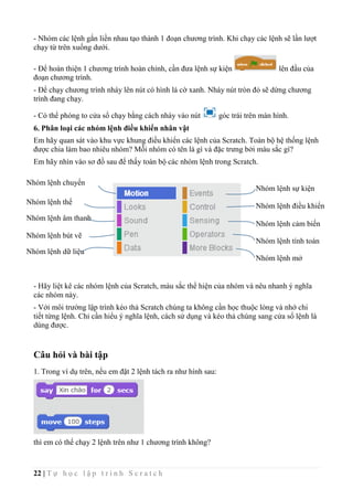 22 | T ự h ọ c l ậ p t r ì n h S c r a t c h
- Nhóm các lệnh gắn liền nhau tạo thành 1 đoạn chương trình. Khi chạy các lệnh sẽ lần lượt
chạy từ trên xuống dưới.
- Để hoàn thiện 1 chương trình hoàn chỉnh, cần đưa lệnh sự kiện lên đầu của
đoạn chương trình.
- Để chạy chương trình nháy lên nút có hình lá cờ xanh. Nháy nút tròn đỏ sẽ dừng chương
trình đang chạy.
- Có thể phóng to cửa sổ chạy bằng cách nháy vào nút góc trái trên màn hình.
6. Phân loại các nhóm lệnh điều khiển nhân vật
Em hãy quan sát vào khu vực khung điều khiển các lệnh của Scratch. Toàn bộ hệ thống lệnh
được chia làm bao nhiêu nhóm? Mỗi nhóm có tên là gì và đặc trưng bởi màu sắc gì?
Em hãy nhìn vào sơ đồ sau để thấy toàn bộ các nhóm lệnh trong Scratch.
- Hãy liệt kê các nhóm lệnh của Scratch, màu sắc thể hiện của nhóm và nêu nhanh ý nghĩa
các nhóm này.
- Với môi trường lập trình kéo thả Scratch chúng ta không cần học thuộc lòng và nhớ chi
tiết từng lệnh. Chỉ cần hiểu ý nghĩa lệnh, cách sử dụng và kéo thả chúng sang cửa sổ lệnh là
dùng được.
Câu hỏi và bài tập
1. Trong ví dụ trên, nếu em đặt 2 lệnh tách ra như hình sau:
thì em có thể chạy 2 lệnh trên như 1 chương trình không?
Nhóm lệnh chuyển
động
Nhóm lệnh thể
hiện
Nhóm lệnh âm thanh
Nhóm lệnh sự kiện
Nhóm lệnh điều khiển
Nhóm lệnh cảm biến
Nhóm lệnh bút vẽ
Nhóm lệnh tính toán
Nhóm lệnh dữ liệu
Nhóm lệnh mở
rộng
 