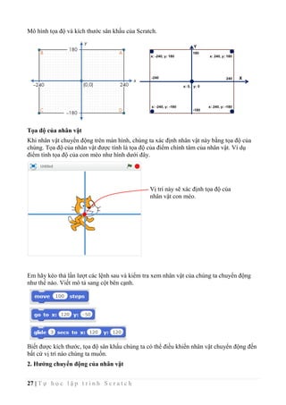 27 | T ự h ọ c l ậ p t r ì n h S c r a t c h
Mô hình tọa độ và kích thước sân khấu của Scratch.
Tọa độ của nhân vật
Khi nhân vật chuyển động trên màn hình, chúng ta xác định nhân vật này bằng tọa độ của
chúng. Tọa độ của nhân vật được tính là tọa độ của điểm chính tâm của nhân vật. Ví dụ
điểm tính tọa độ của con mèo như hình dưới đây.
Em hãy kéo thả lần lượt các lệnh sau và kiểm tra xem nhân vật của chúng ta chuyển động
như thế nào. Viết mô tả sang cột bên cạnh.
Biết được kích thước, tọa độ sân khấu chúng ta có thể điều khiển nhân vật chuyển động đến
bất cứ vị trí nào chúng ta muốn.
2. Hướng chuyển động của nhân vật
Vị trí này sẽ xác định tọa độ của
nhân vật con mèo.
 