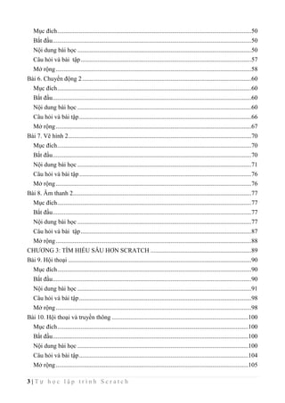 3 | T ự h ọ c l ậ p t r ì n h S c r a t c h
Mục đích.............................................................................................................................50
Bắt đầu................................................................................................................................50
Nội dung bài học ................................................................................................................50
Câu hỏi và bài tập..............................................................................................................57
Mở rộng..............................................................................................................................58
Bài 6. Chuyển động 2.............................................................................................................60
Mục đích.............................................................................................................................60
Bắt đầu................................................................................................................................60
Nội dung bài học ................................................................................................................60
Câu hỏi và bài tập...............................................................................................................66
Mở rộng..............................................................................................................................67
Bài 7. Vẽ hình 2......................................................................................................................70
Mục đích.............................................................................................................................70
Bắt đầu................................................................................................................................70
Nội dung bài học ................................................................................................................71
Câu hỏi và bài tập...............................................................................................................76
Mở rộng..............................................................................................................................76
Bài 8. Âm thanh 2...................................................................................................................77
Mục đích.............................................................................................................................77
Bắt đầu................................................................................................................................77
Nội dung bài học ................................................................................................................77
Câu hỏi và bài tập..............................................................................................................87
Mở rộng..............................................................................................................................88
CHƯƠNG 3: TÌM HIỂU SÂU HƠN SCRATCH .................................................................89
Bài 9. Hội thoại ......................................................................................................................90
Mục đích.............................................................................................................................90
Bắt đầu................................................................................................................................90
Nội dung bài học ................................................................................................................91
Câu hỏi và bài tập...............................................................................................................98
Mở rộng..............................................................................................................................98
Bài 10. Hội thoại và truyền thông ........................................................................................100
Mục đích...........................................................................................................................100
Bắt đầu..............................................................................................................................100
Nội dung bài học ..............................................................................................................100
Câu hỏi và bài tập.............................................................................................................104
Mở rộng............................................................................................................................105
 