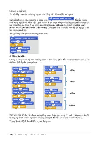 30 | T ự h ọ c l ậ p t r ì n h S c r a t c h
Các em sẽ thấy gì?
Em sẽ thấy chú mèo khi quay ngược kim đồng hồ 180 độ sẽ bị lộn ngược!
Để khắc phục lỗi này chúng ta sẽ dùng lệnh để điều chỉnh
cách xoay người của nhân vật. Lệnh này có 3 lựa chọn bằng cách dùng chuột nháy chọn tại
nút phía phải của lệnh. 3 lựa chọn quay là: chỉ quay trái phải (left-right); không quay
(don’t rotate); và quay tròn (all around). Chúng ta nhìn thấy chú mèo bị lộn ngược là do
lựa chọn quay tròn.
Bây giờ hãy viết lại đoạn chương trình trên:
4. Thêm lệnh lặp
Chúng ta sẽ quan sát kỹ hơn chương trình đã làm trong phần đầu của mục trên và chú ý đến
4 nhóm lệnh lặp lại giống nhau.
Để khỏi phải viết lại các nhóm lệnh giống nhau nhiều lần, trong Scratch (và trong mọi môi
trường lập trình khác), người ta sử dụng các lệnh để điều khiển các cấu trúc lặp này.
Trong Scratch lệnh điều khiển này có dạng sau:
nhóm
1
nhóm
2
nhóm
3
nhóm
4
 