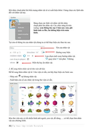 32 | T ự h ọ c l ậ p t r ì n h S c r a t c h
Khi nháy chuột phải lên biểu tượng nhân vật sẽ có xuất hiện thêm 1 bảng chọn các lệnh nữa
đối với nhân vật này.
Tại cửa sổ thông tin của nhân vật chúng ta có thể thực hiện các thao tác sau.
2. Bổ sung thêm nhân vật từ thư viện dữ liệu
Để bổ sung thêm nhân vật từ 1 thư viện có sẵn, em hãy thực hiện các bước sau.
- Nháy nút tại khung nhân vật.
- Xuất hiện cửa sổ các nhân vật trong thư viện có sẵn.
Kho thư viện này có rất nhiều hình ảnh người, con vật, đồ dùng, … có thể chọn làm nhân
vật của chương trình.
Tên của nhân vật
Hướng xoay hiện
thời
Hiển thị hay ẩn nhân vật.
Lựa chọn cách xoay hướng nhân vật.
quay tròn trái phải không
quay
Bảng chọn các lệnh với nhân vật khi nháy
chuột phải lên nhân vật. Các chức năng từ trên
xuống: xem thông tin; tạo 1 bản sao; xóa; ghi
hình ảnh ra file; ẩn không hiện trên màn
hình.
 