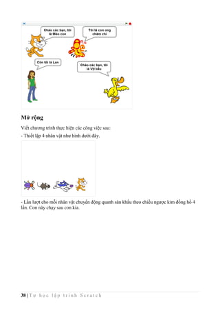 38 | T ự h ọ c l ậ p t r ì n h S c r a t c h
Mở rộng
Viết chương trình thực hiện các công việc sau:
- Thiết lập 4 nhân vật như hình dưới đây.
- Lần lượt cho mỗi nhân vật chuyển động quanh sân khấu theo chiều ngược kim đồng hồ 4
lần. Con này chạy sau con kia.
 