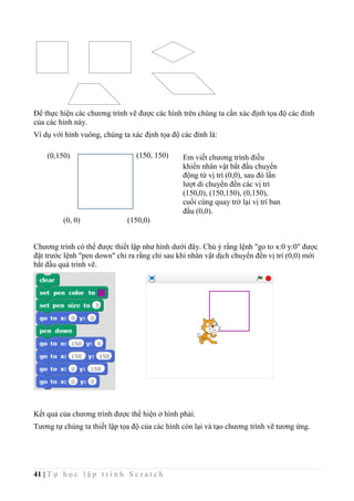 41 | T ự h ọ c l ậ p t r ì n h S c r a t c h
Để thực hiện các chương trình vẽ được các hình trên chúng ta cần xác định tọa độ các đỉnh
của các hình này.
Ví dụ với hình vuông, chúng ta xác định tọa độ các đỉnh là:
Chương trình có thể được thiết lập như hình dưới đây. Chú ý rằng lệnh "go to x:0 y:0" được
đặt trước lệnh "pen down" chỉ ra rằng chỉ sau khi nhân vật dịch chuyển đến vị trí (0,0) mới
bắt đầu quá trình vẽ.
Kết quả của chương trình được thể hiện ở hình phải.
Tương tự chúng ta thiết lập tọa độ của các hình còn lại và tạo chương trình vẽ tương ứng.
(0, 0) (150,0)
(150, 150)(0,150) Em viết chương trình điều
khiển nhân vật bắt đầu chuyển
động từ vị trí (0,0), sau đó lần
lượt di chuyển đến các vị trí
(150,0), (150,150), (0,150),
cuối cùng quay trở lại vị trí ban
đầu (0,0).
 
