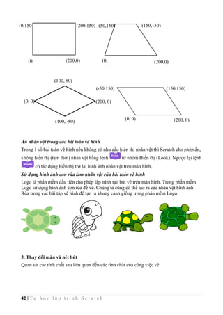 42 | T ự h ọ c l ậ p t r ì n h S c r a t c h
Ẩn nhân vật trong các bài toán vẽ hình
Trong 1 số bài toán vẽ hình nếu không có nhu cầu hiển thị nhân vật thì Scratch cho phép ẩn,
không hiển thị (tạm thời) nhân vật bằng lệnh từ nhóm Hiển thị (Look). Ngược lại lệnh
có tác dụng hiển thị trở lại hình ảnh nhân vật trên màn hình.
Sử dụng hình ảnh con rùa làm nhân vật của bài toán vẽ hình
Logo là phần mềm đầu tiên cho phép lập trình tạo bút vẽ trên màn hình. Trong phần mềm
Logo sử dụng hình ảnh con rùa để vẽ. Chúng ta cũng có thể tạo ra các nhân vật hình ảnh
Rùa trong các bài tập vẽ hình để tạo ra khung cảnh giống trong phần mềm Logo.
3. Thay đổi màu và nét bút
Quan sát các tính chất sau liên quan đến các tính chất của công việc vẽ.
(0,
0)
(200,0)
(200,150)(0,150
)
(0,
0)
(200,0)
(150,150)(50,150)
(0, 0) (200, 0)
(100, 80)
(100, -80)
(0, 0) (200, 0)
(150,150)(-50,150)
 