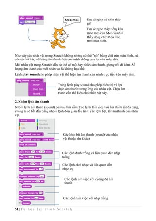 51 | T ự h ọ c l ậ p t r ì n h S c r a t c h
Như vậy các nhân vật trong Scratch không những có thể "nói" bằng chữ trên màn hình, mà
còn có thể hát, nói bằng âm thanh thật của mình thông qua loa của máy tính.
Mỗi nhân vật trong Scratch đều có thể có một hay nhiều âm thanh, giọng nói đi kèm. Số
lượng âm thanh của mỗi nhân vật là không hạn chế.
Lệnh play sound cho phép nhân vật thể hiện âm thanh của mình trực tiếp trên máy tính.
2. Nhóm lệnh âm thanh
Nhóm lệnh âm thanh (sound) có màu tím sẫm. Các lệnh làm việc với âm thanh rất đa dạng,
chúng ta sẽ bắt đầu bằng nhóm lệnh đơn giản đầu tiên: các lệnh bật, tắt âm thanh của nhân
vật.
Các lệnh bật âm thanh (sound) của nhân
vật (hoặc sân khấu)
Các lệnh đánh trống và liên quan đến nhịp
trống
Các lệnh chơi nhạc và liên quan đến
nhạc cụ
Các lệnh làm việc với cường độ âm
thanh
Các lệnh làm việc với nhịp trống
Em sẽ nghe và nhìn thấy
gì?
Em sẽ nghe thấy tiếng kêu
meo meo của Mèo và nhìn
thấy dòng chữ Meo meo
trên màn hình.
Trong lệnh play sound cho phép hiển thị và lựa
chọn âm thanh tương ứng của nhân vật. Chọn âm
thanh cần thể hiện cho nhân vật này.
 