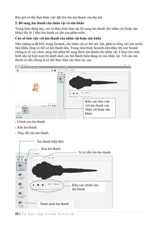 55 | T ự h ọ c l ậ p t r ì n h S c r a t c h
Bây giờ có thể thực hiện việc đặt tên cho âm thanh vừa thu âm.
5. Bổ sung âm thanh cho nhân vật và sân khấu
Trong hoạt động này, em sẽ thực hiện thao tác bổ sung âm thanh cho nhân vật (hoặc sân
khẩu) lấy từ 1 kho âm thanh có sẵn của phần mềm.
Cửa sổ làm việc với âm thanh của nhân vật hoặc sân khấu
Như chúng ta đã biết, trong Scratch, các nhân vật có thể nói, hát, phát ra tiếng nói của mình.
Sân khẫu cũng có thể có âm thanh nền. Trong màn hình Scratch nếu nháy lên nút Sound
chúng ta sẽ vào chức năng cho phép bổ sung thêm âm thanh cho nhân vật. Cũng trên màn
hình này sẽ hiện toàn bộ danh sách các âm thanh hiện đang có của nhân vật. Với các âm
thanh có sẵn chúng ta có thể thực hiện các thao tác sau:
- Chỉnh sửa âm thanh.
- Xóa âm thanh.
- Thay đổi tên âm thanh.
Khu vực làm việc
với âm thanh của
nhân vật hoặc sân
khấu.
Âm thanh hiện thời
Xóa âm thanh
Vị trí đổi tên âm thanh
Khu vực chỉnh sửa
âm thanh
Danh sách âm thanh
 