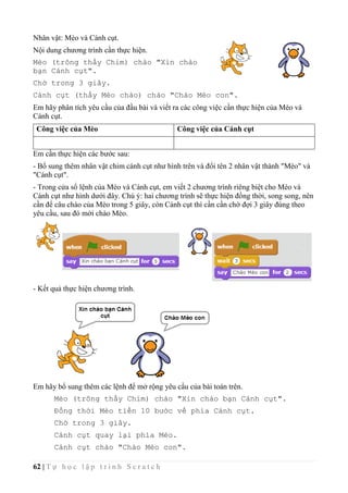 62 | T ự h ọ c l ậ p t r ì n h S c r a t c h
Nhân vật: Mèo và Cánh cụt.
Nội dung chương trình cần thực hiện.
Mèo (trông thấy Chim) chào "Xin chào
bạn Cánh cụt".
Chờ trong 3 giây.
Cánh cụt (thấy Mèo chào) chào "Chào Mèo con".
Em hãy phân tích yêu cầu của đầu bài và viết ra các công việc cần thực hiện của Mèo và
Cánh cụt.
Công việc của Mèo Công việc của Cánh cụt
Em cần thực hiện các bước sau:
- Bổ sung thêm nhân vật chim cánh cụt như hình trên và đổi tên 2 nhân vật thành "Mèo" và
"Cánh cụt".
- Trong cửa sổ lệnh của Mèo và Cánh cụt, em viết 2 chương trình riêng biệt cho Mèo và
Cánh cụt như hình dưới đây. Chú ý: hai chương trình sẽ thực hiện đồng thời, song song, nên
cần để câu chào của Mèo trong 5 giây, còn Cánh cụt thì cần cần chờ đợi 3 giây đúng theo
yêu cầu, sau đó mời chào Mèo.
- Kết quả thực hiện chương trình.
Em hãy bổ sung thêm các lệnh để mở rộng yêu cầu của bài toán trên.
Mèo (trông thấy Chim) chào "Xin chào bạn Cánh cụt".
Đồng thời Mèo tiến 10 bước về phía Cánh cụt.
Chờ trong 3 giây.
Cánh cụt quay lại phía Mèo.
Cánh cụt chào "Chào Mèo con".
 