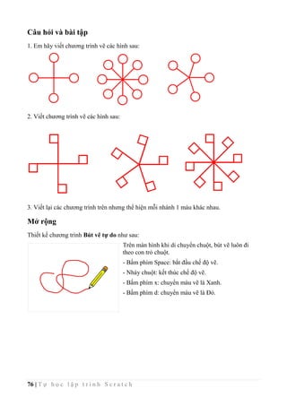 76 | T ự h ọ c l ậ p t r ì n h S c r a t c h
Câu hỏi và bài tập
1. Em hãy viết chương trình vẽ các hình sau:
2. Viết chương trình vẽ các hình sau:
3. Viết lại các chương trình trên nhưng thể hiện mỗi nhánh 1 màu khác nhau.
Mở rộng
Thiết kế chương trình Bút vẽ tự do như sau:
Trên màn hình khi di chuyển chuột, bút vẽ luôn đi
theo con trỏ chuột.
- Bấm phím Space: bắt đầu chế độ vẽ.
- Nháy chuột: kết thúc chế độ vẽ.
- Bấm phím x: chuyển màu vẽ là Xanh.
- Bấm phím d: chuyển màu vẽ là Đỏ.
 