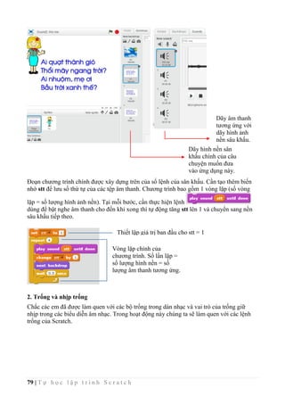 79 | T ự h ọ c l ậ p t r ì n h S c r a t c h
Đoạn chương trình chính được xây dựng trên của sổ lệnh của sân khấu. Cần tạo thêm biến
nhớ stt để lưu số thứ tự của các tệp âm thanh. Chương trình bao gồm 1 vòng lặp (số vòng
lặp = số lượng hình ảnh nền). Tại mỗi bước, cần thực hiện lệnh
dùng để bật nghe âm thanh cho đến khi xong thì tự động tăng stt lên 1 và chuyển sang nền
sâu khấu tiếp theo.
2. Trống và nhịp trống
Chắc các em đã được làm quen với các bộ trống trong dàn nhạc và vai trò của trống giữ
nhịp trong các biểu diễn âm nhạc. Trong hoạt động này chúng ta sẽ làm quen với các lệnh
trống của Scratch.
Dãy âm thanh
tương ứng với
dãy hình ảnh
nền sâu khấu.
Dãy hình nền sân
khấu chính của câu
chuyện muốn đưa
vào ứng dụng này.
Thiết lập giá trị ban đầu cho stt = 1
Vòng lặp chính của
chương trình. Số lần lặp =
số lượng hình nền = số
lượng âm thanh tương ứng.
 