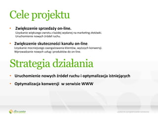 Cele projektu
•  Zwiększenie	
  sprzedaży	
  on-­‐line.	
  	
  
          Uzyskanie	
  większego	
  zwrotu	
  z	
  każdej	
  wydanej	
  na	
  markeQng	
  złotówki.	
  
          Uruchomienie	
  nowych	
  źródeł	
  ruchu.	
  

•  Zwiększenie	
  skuteczności	
  kanału	
  on-­‐line.	
  
   Uzyskanie	
  mocniejszego	
  zaangażowania	
  klientów,	
  wyższych	
  konwersji.	
  
   Wprowadzanie	
  nowych	
  usług	
  i	
  produktów	
  do	
  on-­‐line.	
  



Strategia działania
•  Uruchomienie	
  nowych	
  źródeł	
  ruchu	
  i	
  optymalizacja	
  istniejących	
  
•  Optymalizacja	
  konwersji	
  	
  w	
  serwisie	
  WWW	
  
   	
  
 