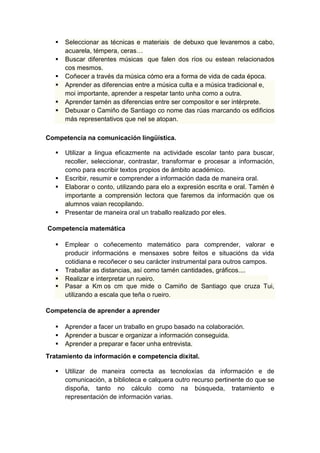  Seleccionar as técnicas e materiais de debuxo que levaremos a cabo,
acuarela, témpera, ceras…
 Buscar diferentes músicas que falen dos ríos ou estean relacionados
cos mesmos.
 Coñecer a través da música cómo era a forma de vida de cada época.
 Aprender as diferencias entre a música culta e a música tradicional e,
moi importante, aprender a respetar tanto unha como a outra.
 Aprender tamén as diferencias entre ser compositor e ser intérprete.
 Debuxar o Camiño de Santiago co nome das rúas marcando os edificios
más representativos que nel se atopan.
Competencia na comunicación lingüística.
 Utilizar a lingua eficazmente na actividade escolar tanto para buscar,
recoller, seleccionar, contrastar, transformar e procesar a información,
como para escribir textos propios de ámbito académico.
 Escribir, resumir e comprender a información dada de maneira oral.
 Elaborar o conto, utilizando para elo a expresión escrita e oral. Tamén é
importante a comprensión lectora que faremos da información que os
alumnos vaian recopilando.
 Presentar de maneira oral un traballo realizado por eles.
Competencia matemática
 Emplear o coñecemento matemático para comprender, valorar e
producir informacións e mensaxes sobre feitos e situacións da vida
cotidiana e recoñecer o seu carácter instrumental para outros campos.
 Traballar as distancias, así como tamén cantidades, gráficos....
 Realizar e interpretar un rueiro.
 Pasar a Km os cm que mide o Camiño de Santiago que cruza Tui,
utilizando a escala que teña o rueiro.
Competencia de aprender a aprender
 Aprender a facer un traballo en grupo basado na colaboración.
 Aprender a buscar e organizar a información conseguida.
 Aprender a preparar e facer unha entrevista.
Tratamiento da información e competencia dixital.
 Utilizar de maneira correcta as tecnoloxías da información e de
comunicación, a biblioteca e calquera outro recurso pertinente do que se
dispoña, tanto no cálculo como na búsqueda, tratamiento e
representación de información varias.
 