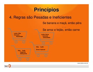 Princípios
4. Regras são Pesadas e Ineficientes
                            Se banana e maçã, então pêra
                                            ...
                            Se arroz e feijão, então carne
  Leite Pão
  Cereais                 Leite Broa
     Manteiga               Cereais
                            Chocolate




                   Pão   Café

                   Ovos Açúcar
      Pão Café
        Iogurte
        Adoçante
 