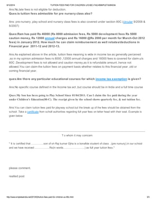 Tuition fees paid for children u s 80 c-faq #simpletaxindia | PDF