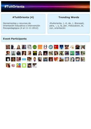 #TuitOrienta
#TuitOrienta (4)
Herramientas y recursos de
Orientación Educativa e Intervención
Psicopedagógica (4 al 11-11-2012)
Trending Words
#tuitorienta, |, rt, de, /, @scoopit,
para, -, y, la, por, #educacion, el,
con, orientación
Event Participants
 