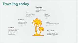 Traveling today
Airbnb
Got 3 million
bookings
in 2012
Couch Surﬁng
Now has a global
community of 6 million
people
OTA’s
Over half of the UK
travelers book their
holidays online
Trip Advisor
is the world's largest
travel site. With over
200 million unique
visitors per month,
Social Media
52 percent of Facebook
users said that their
friends’ holiday photos
had inspired their
vacation choice.
Youth & Travel:
By 2011 travelers between
the ages 16 and 24 spent
around £400 million less
compared to 1999.
Only 3%
of Nordics from 18-25 choose
planned vacations
 