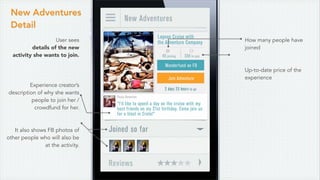 New Adventures
Detail
User sees
details of the new
activity she wants to join.
Experience creator’s
description of why she wants
people to join her /
crowdfund for her.
It also shows FB photos of
other people who will also be
at the activity.
How many people have
joined
Up-to-date price of the
experience
 