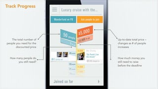 Track Progress
The total number of
people you need for the
discounted price
How many people do
you still need?
Up-to-date total price –
changes as # of people
increases
How much money you
still need to raise
before the deadline
 