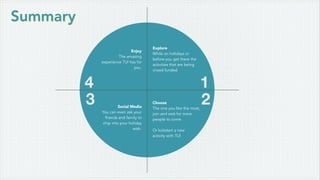 Summary
Explore
While on holidays or
before you get there the
activities that are being
crowd funded
1
Choose
The one you like the most,
join and wait for more
people to come
Or kickstart a new
activity with TUI
23 Social Media
You can even ask your
friends and family to
chip into your holiday
wish.
4
Enjoy
The amazing
experience TUI has for
you.
 