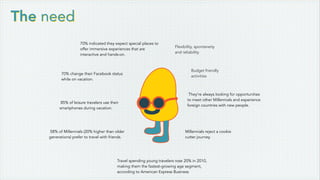 Flexibility, spontaneity
and reliability.
The need
Budget friendly
activities
Travel spending young travelers rose 20% in 2010,
making them the fastest-growing age segment,
according to American Express Business
70% change their Facebook status
while on vacation.
70% indicated they expect special places to
offer immersive experiences that are
interactive and hands-on.
 58% of Millennials (20% higher than older
generations) prefer to travel with friends.
Millennials reject a cookie
cutter journey.
85% of leisure travelers use their
smartphones during vacation.
They’re always looking for opportunities
to meet other Millennials and experience
foreign countries with new people.  
 