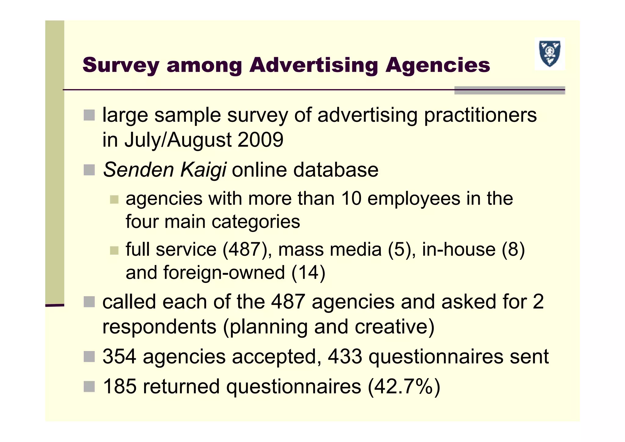 Survey among Advertising Agencies
 large sample survey of advertising practitioners
in July/August 2009
 Senden Kaigi online database
 agencies with more than 10 employees in the
four main categories
 full service (487), mass media (5), in-house (8)
and foreign-owned (14)
 called each of the 487 agencies and asked for 2
respondents (planning and creative)
 354 agencies accepted, 433 questionnaires sent
 185 returned questionnaires (42.7%)
 