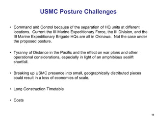 13
USMC Posture Challenges
• Command and Control because of the separation of HQ units at different
locations. Current the III Marine Expeditionary Force, the III Division, and the
III Marine Expeditionary Brigade HQs are all in Okinawa. Not the case under
the proposed posture.
• Tyranny of Distance in the Pacific and the effect on war plans and other
operational considerations, especially in light of an amphibious sealift
shortfall.
• Breaking up USMC presence into small, geographically distributed pieces
could result in a loss of economies of scale.
• Long Construction Timetable
• Costs
 