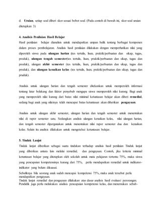 d. Uraian, setiap soal diberi skor sesuai bobot soal. (Pada contoh di bawah ini, skor soal uraian
ditetapkan 3)
4. Analisis Penilaian Hasil Belajar
Hasil penilaian belajar dianalisis untuk mendapatkan umpan balik tentang berbagai komponen
dalam proses pembelajaran. Analisis hasil penilaian dilakukan dengan memperhatikan nilai yang
diperoleh siswa pada ulangan harian (tes tertulis, lisan, praktik/perbuatan dan sikap, tugas,
produk), ulangan tengah semester(tes tertulis, lisan, praktik/perbuatan dan sikap, tugas dan
produk), ulangan akhir semester (tes tertulis, lisan, praktik/perbuatan dan sikap, tugas dan
produk), dan ulangan kenaikan kelas (tes tertulis, lisan, praktik/perbuatan dan sikap, tugas dan
pruduk).
Analisis untuk ulangan harian dan tengah semester ditekankan untuk memperoleh informasi
tentang latar belakang dan faktor penyebab mengapa siswa memperoleh nilai kurang. Bagi anak
yang memperoleh nilai kurang dari batas nilai minimal ketuntasan belajar akan diberi remedial,
sedang bagi anak yang nilainya telah mencapai batas ketuntasan akan diberikan pengayaan.
Analisis untuk ulangan akhir semester, ulangan harian dan tengah semester untuk menentukan
nilai di rapor semester satu. Sedangkan analisis ulangan kenaikan kelas, nilai ulangan harian,
dan tengah semester dipergunakan untuk menentukan nilai rapor semester dua dan kenaikan
kelas. Selain itu analisis dilakukan untuk mengetahui ketuntasan belajar.
5. Tindak Lanjut
Tindak lanjut diberikan sebagai suatu tindakan terhadap analisis hasil penilaian Tindak lanjut
yang diberikan antara lain melalui remedial, dan pengayaan. Contoh, jika kriteria minimal
ketuntasan belajar yang ditetapkan oleh sekolah untuk mata pelajaran tertentu 75%, maka siswa
yang pencapaian kompetensinya kurang dari 75%, perlu mendapatkan remedial untuk indikator-
indikator yang belum dikuasai.
Sebaliknya bila seorang anak sudah mencapai kompetensi 75%, maka anak tersebut perlu
mendapatkan pengayaan.
Tindak lanjut remedial dan pengayaan dilakukan atas dasar analisis hasil evaluasi perorangan.
Pendidik juga perlu melakukan analisis pencapaian kompetensi kelas, dan menemukan sebab-
 