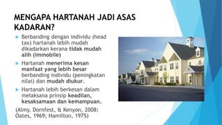 MENGAPA HARTANAH JADI ASAS
KADARAN?
 Berbanding dengan individu (head
tax) hartanah lebih mudah
dikadarkan kerana tidak mudah
alih (immobile)
 Hartanah menerima kesan
manfaat yang lebih besar
berbanding individu (peningkatan
nilai) dan mudah diukur.
 Hartanah lebih berkesan dalam
melaksana prinsip keadilan,
kesaksamaan dan kemampuan.
(Almy, Dornfest, & Kenyon, 2008;
Oates, 1969; Hamilton, 1975)
 