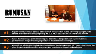 #1
#2
#3
Tujuan utama penilaian semula adalah untuk mengekalkan kualiti taksiran pegangan pada
senarai nilaian selaras dengan prinsip KEADILAN, KESAKSAMAAN DAN KEMAMPUAN
Kemahiran, teknologi dan piawaian dalam sistem penilaian kadaran PBT perlu diperkemas dan
dipertingkatkan dalam usaha mengurangkan kos dan meningkatkan kecekapan.
Tujuan dan kepentingan penilaian semula perlu diserantakan dengan berkesan bagi memudahkan
pelaksanaannya mengikut kitaran yang ditetapkan dan tiada bantahan/halangan
RUMUSAN
 