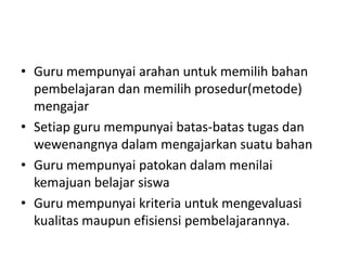 • Guru mempunyai arahan untuk memilih bahan
pembelajaran dan memilih prosedur(metode)
mengajar
• Setiap guru mempunyai batas-batas tugas dan
wewenangnya dalam mengajarkan suatu bahan
• Guru mempunyai patokan dalam menilai
kemajuan belajar siswa
• Guru mempunyai kriteria untuk mengevaluasi
kualitas maupun efisiensi pembelajarannya.

 