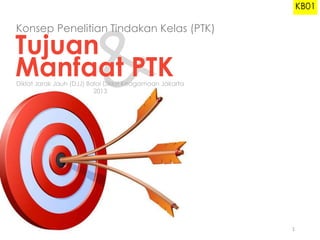 KB01

Konsep Penelitian Tindakan Kelas (PTK)

Tujuan
Manfaat PTK

Diklat Jarak Jauh (DJJ) Balai Diklat Keagamaan Jakarta
2013

1

 