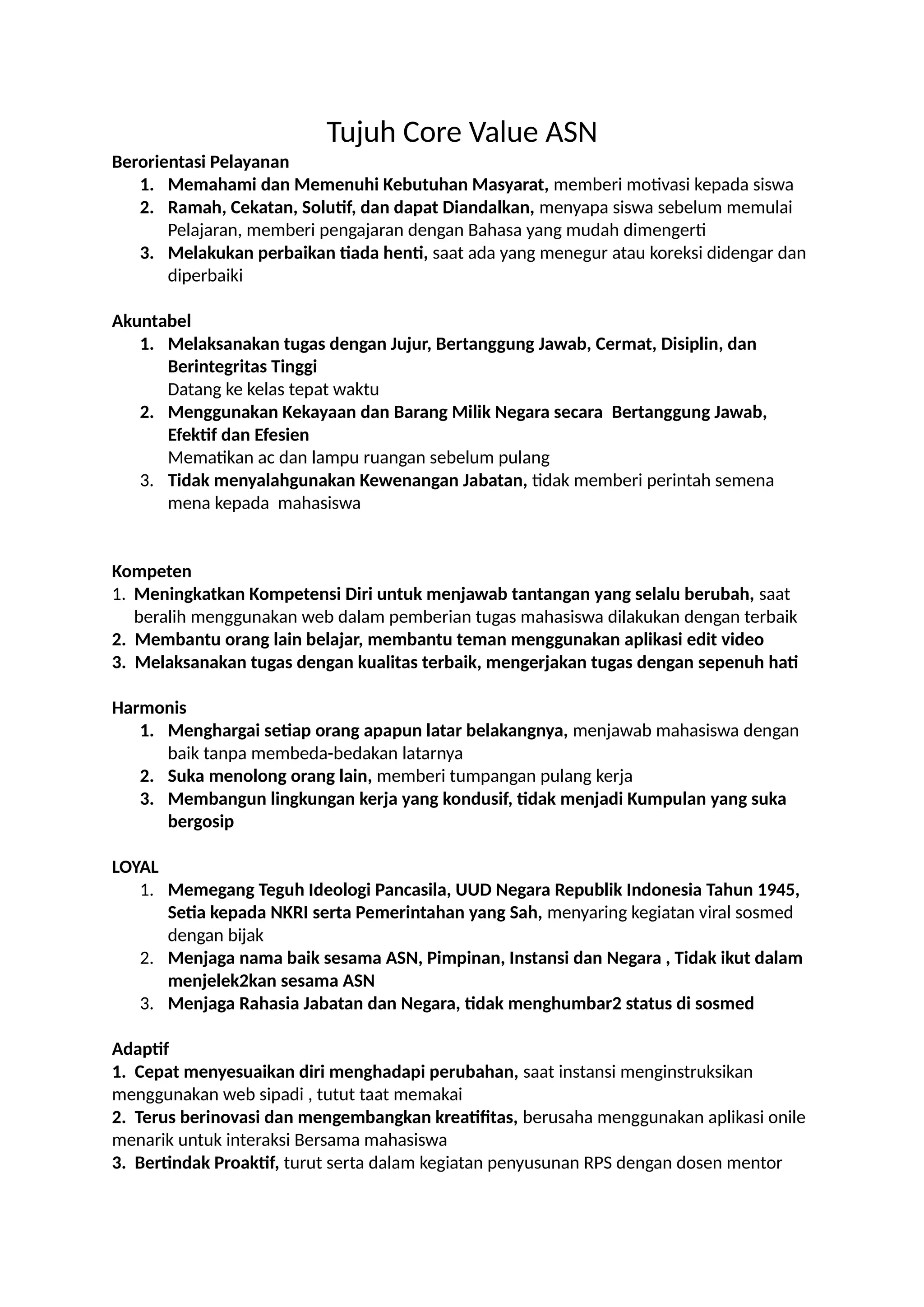Tujuh Core Value ASN yang ada di Indonesia.docx | Free Download