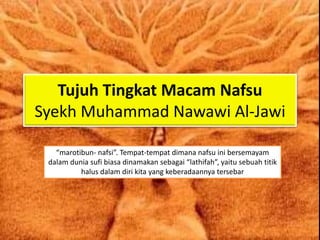 Tujuh Tingkat Macam Nafsu
Syekh Muhammad Nawawi Al-Jawi
“marotibun- nafsi”. Tempat-tempat dimana nafsu ini bersemayam
dalam dunia sufi biasa dinamakan sebagai “lathifah”, yaitu sebuah titik
halus dalam diri kita yang keberadaannya tersebar
 