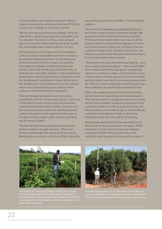 22
Universiteit van Pretoria • University of Pretoria • Yunibesithi ya Pretoria
Prof Apostolides, who has been involved in the tea
industry as researcher and consultant since 1994, has
a vision and a strategy to kick-start a revival.
‘We are working on a turnaround strategy. What we
need to do is make tea-growing more profitable, and
it is possible. The idea is to follow a two-pronged
approach: produce higher-yielding and better quality
tea, and develop value-added products,’ he says.
Prof Apostolides and his team at the Tea Research
Laboratory have considerable experience in helping
tea growers improve production. In the early years
of his involvement with the industry, he used his
knowledge of computer simulations (which was
the focus of a sixth-month stint at the University of
Delaware during his DSc studies) to help tea factories
improve their operational systems. Collaboration with
the Tea Research Foundation of Central Africa led to
the identification of new Malawian-bred tea cultivars,
which were subsequently used to replace inferior
cultivars in some South African tea estates.
‘New technology has opened up some exciting
possibilities in terms of improving cultivars. Until now,
it took about 15 years of field trials and systematic
screening to produce a better cultivar. However, we
are now doing research aimed at identifying genetic
markers for agronomically important traits such as
drought tolerance, higher yields, disease resistance
and off-season growth.’
‘We have already found and patented two genetic
markers linked to drought tolerance. These and
similar breakthroughs will speed up the process of
developing new cultivars, which could then help make
tea-growing much more profitable,’ Prof Apostolides
explains.
The process of developing value-added products is
also firmly research-based, and shows equally high
potential to revive the South African tea industry.
Prof Apostolides explains that, up to now, local tea
growers mainly focused on the production of what is
commonly known as ‘black tea’. All types of tea are
made from leaves of the Camellia sinensis plant, but
black tea is produced by leaving the harvested leaves
to turn brown before they are dried.
‘Teas grown in tropical and subtropical regions – such
as our own tea-growing regions – have a much higher
anti-oxidant content than teas grown in temperate
regions, for instance in Japan, China and India. Some
of our local tea cultivars are very rich in anti-oxidants
and this makes them ideal for producing instant green
tea. With the huge and growing market for green tea,
this is obviously an opportunity we should pursue.’
Other value-added products that Prof Apostolides
and his team are researching, which are believed to
offer the potential for making tea production in South
Africa more profitable, include the production of tea
extracts for ready-to-drink tea such as iced tea and
the production of low-caffeine tea. In the last decade,
worldwide consumption of ready-to-drink teas
multiplied nearly 20 times, and is still growing.
Many people would probably be surprised to learn
that tea oil can be produced from tea seeds. ‘While
sunflower oil is the most common and cheapest
cooking oil in South Africa, tea oil is the most
commonly used cooking oil in the southern parts of
Tea breeder, Dr Hastings Nyirenda, inspects tea cultivars
in the living gene bank at the Tea Research Foundation in
Mulanje, Malawi. The gene bank was established in 2002 at
the request of Prof Apostolides with 250 tea cultivars in 16
bush observation plots.				
Abandoned tea gardens at the Grenshoek Tea Estate near
Tzaneen, visited by Prof Apostolides and MSc student Ms M
Wium, showing tea gardens that have turned to tea forests.
 