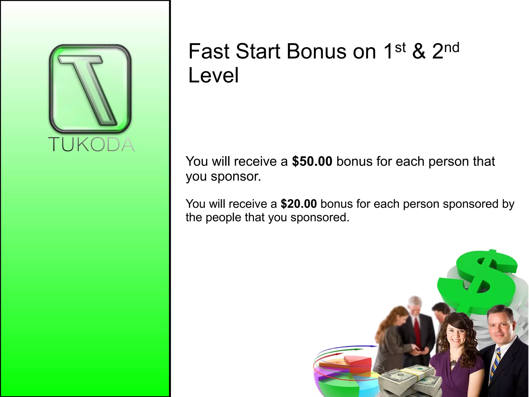 Fast Start Bonus on 1st & 2nd
Level
You will receive a $50.00 bonus for each person that
you sponsor.
You will receive a $20.00 bonus for each person sponsored by
the people that you sponsored.
 