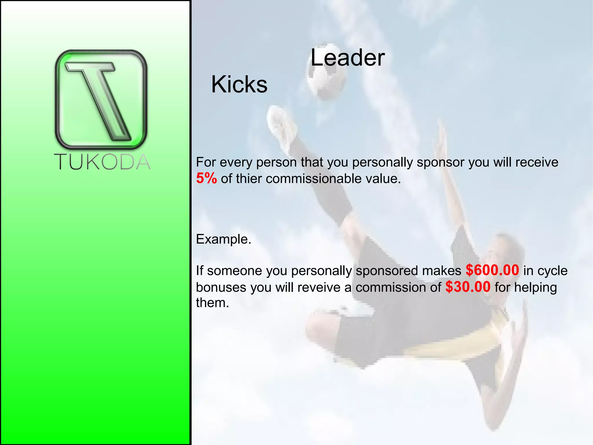 Leader
Kicks
For every person that you personally sponsor you will receive
5% of thier commissionable value.
Example.
If someone you personally sponsored makes $600.00 in cycle
bonuses you will reveive a commission of $30.00 for helping
them.
 