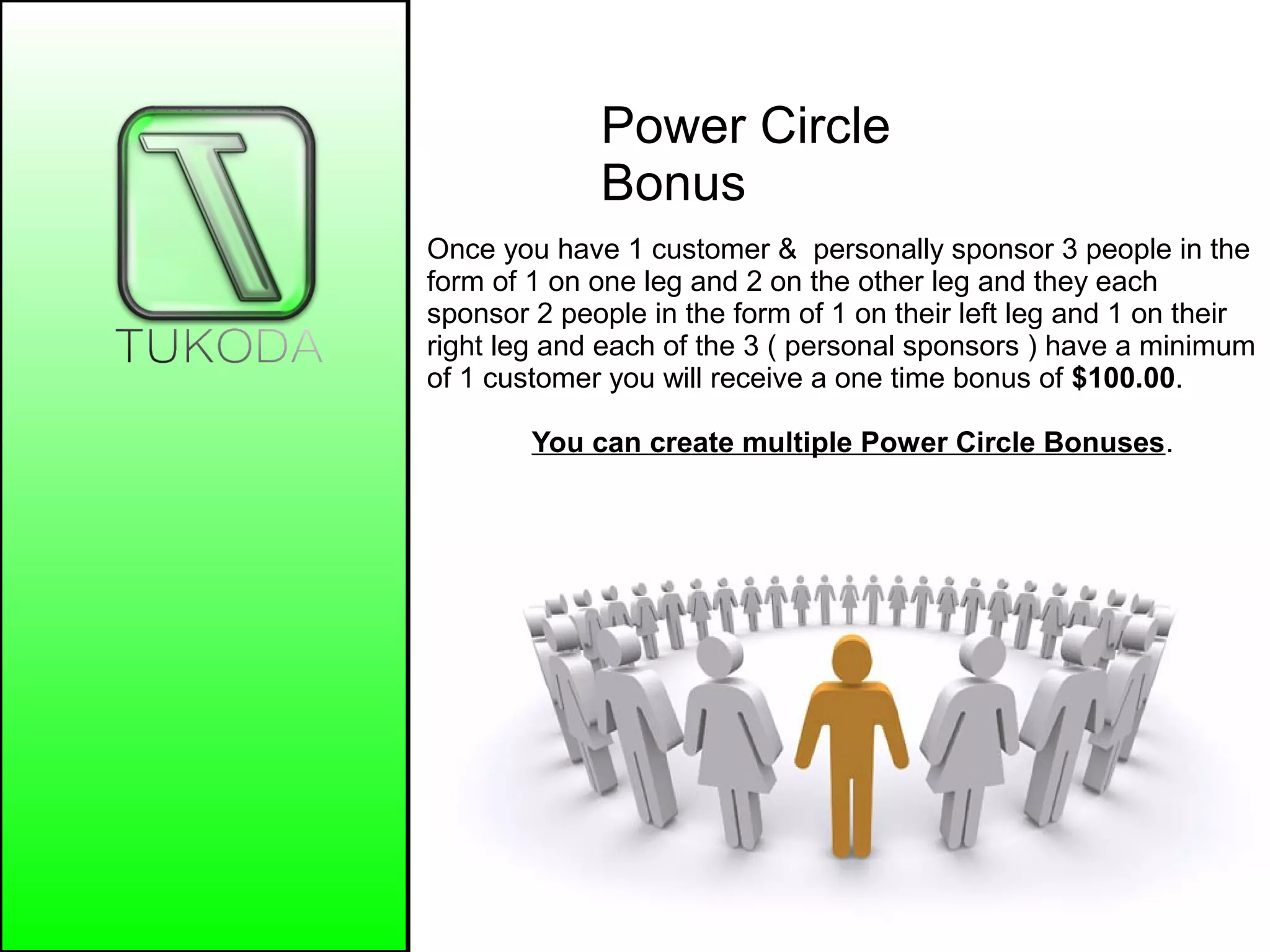 Power Circle
Bonus
Once you have 1 customer & personally sponsor 3 people in the
form of 1 on one leg and 2 on the other leg and they each
sponsor 2 people in the form of 1 on their left leg and 1 on their
right leg and each of the 3 ( personal sponsors ) have a minimum
of 1 customer you will receive a one time bonus of $100.00.
You can create multiple Power Circle Bonuses.
 