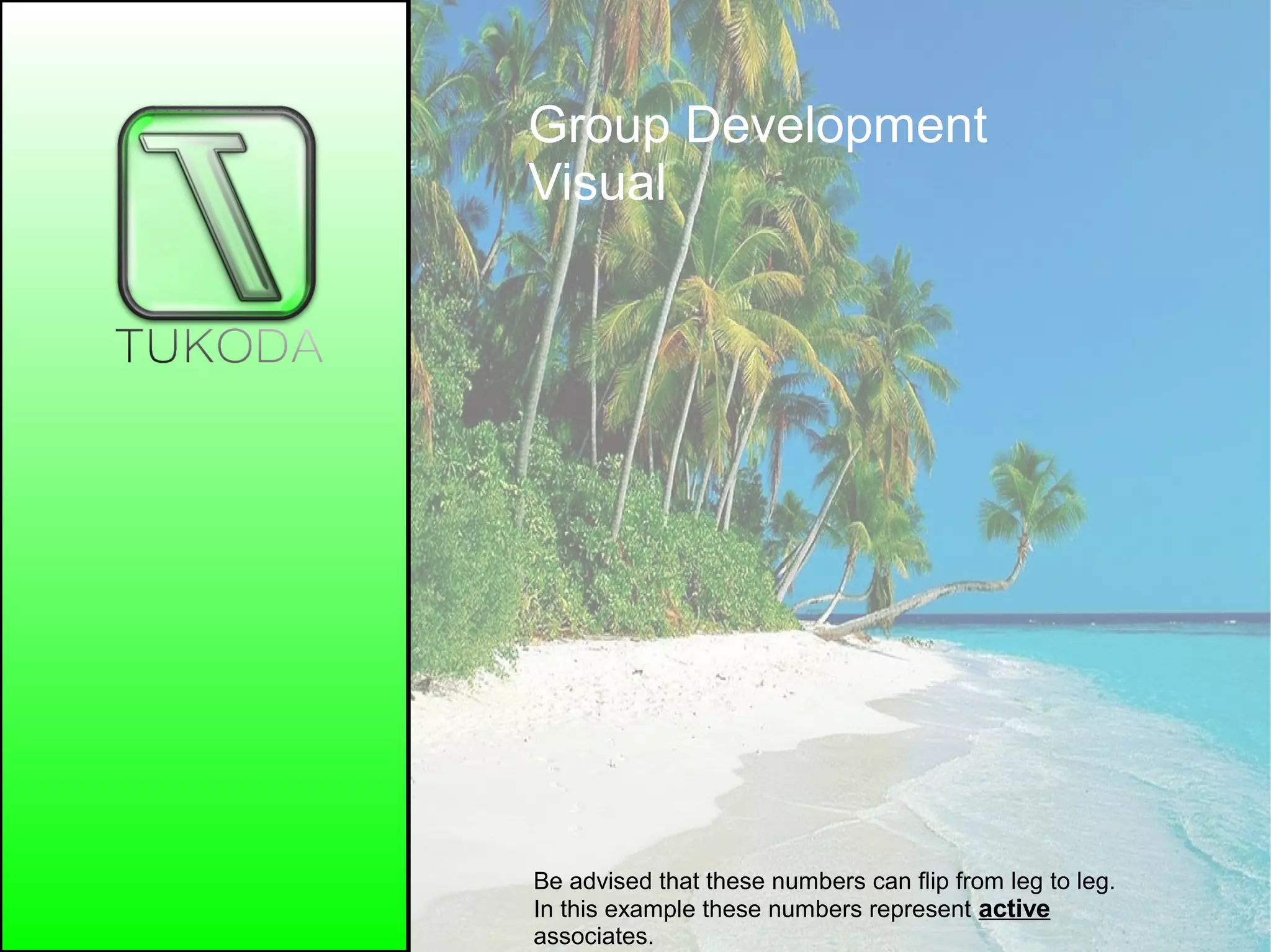 Group Development
Visual
Be advised that these numbers can flip from leg to leg.
In this example these numbers represent active
associates.
 