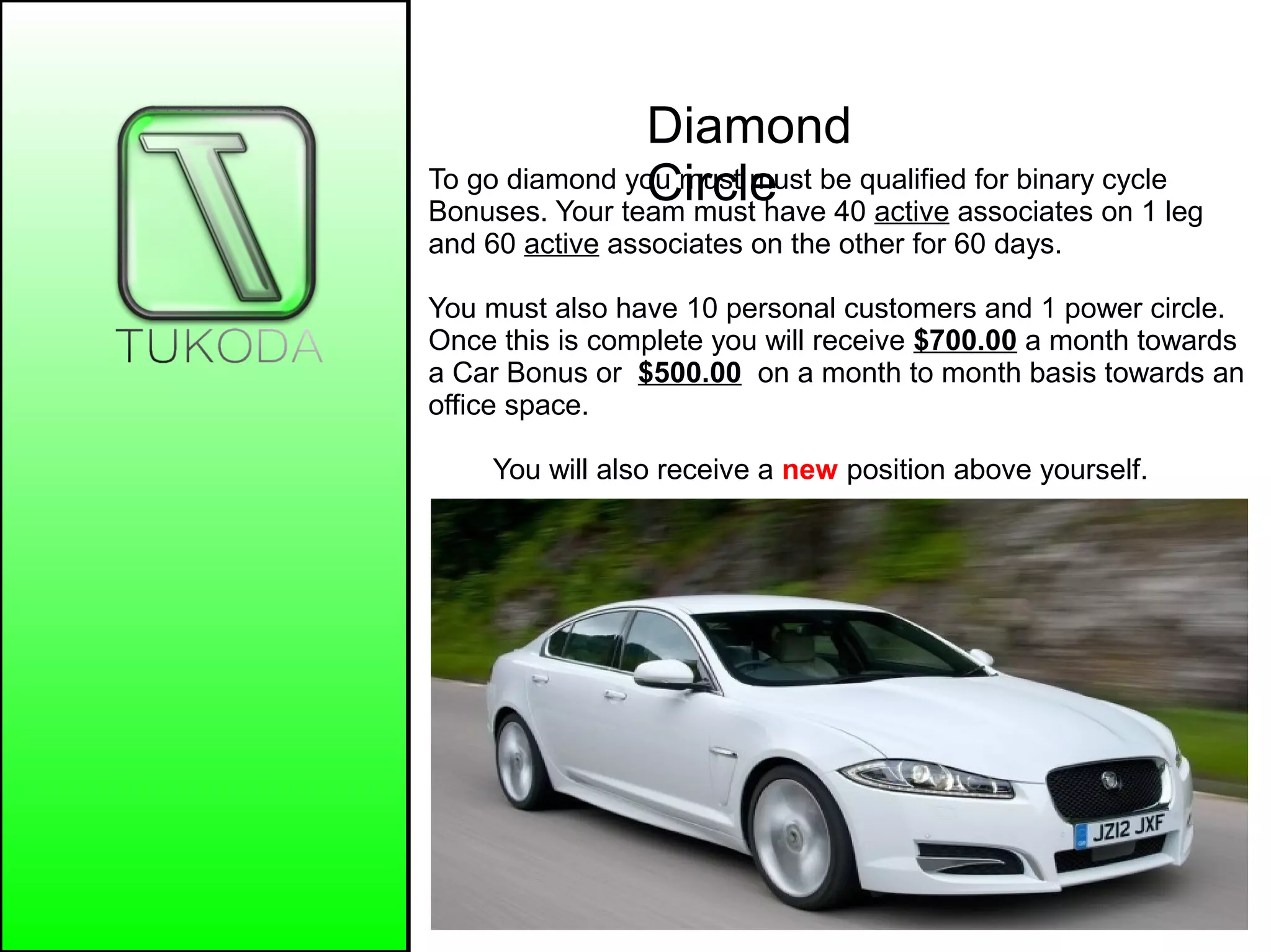 Diamond
CircleTo go diamond you must must be qualified for binary cycle
Bonuses. Your team must have 40 active associates on 1 leg
and 60 active associates on the other for 60 days.
You must also have 10 personal customers and 1 power circle.
Once this is complete you will receive $700.00 a month towards
a Car Bonus or $500.00 on a month to month basis towards an
office space.
You will also receive a new position above yourself.
 