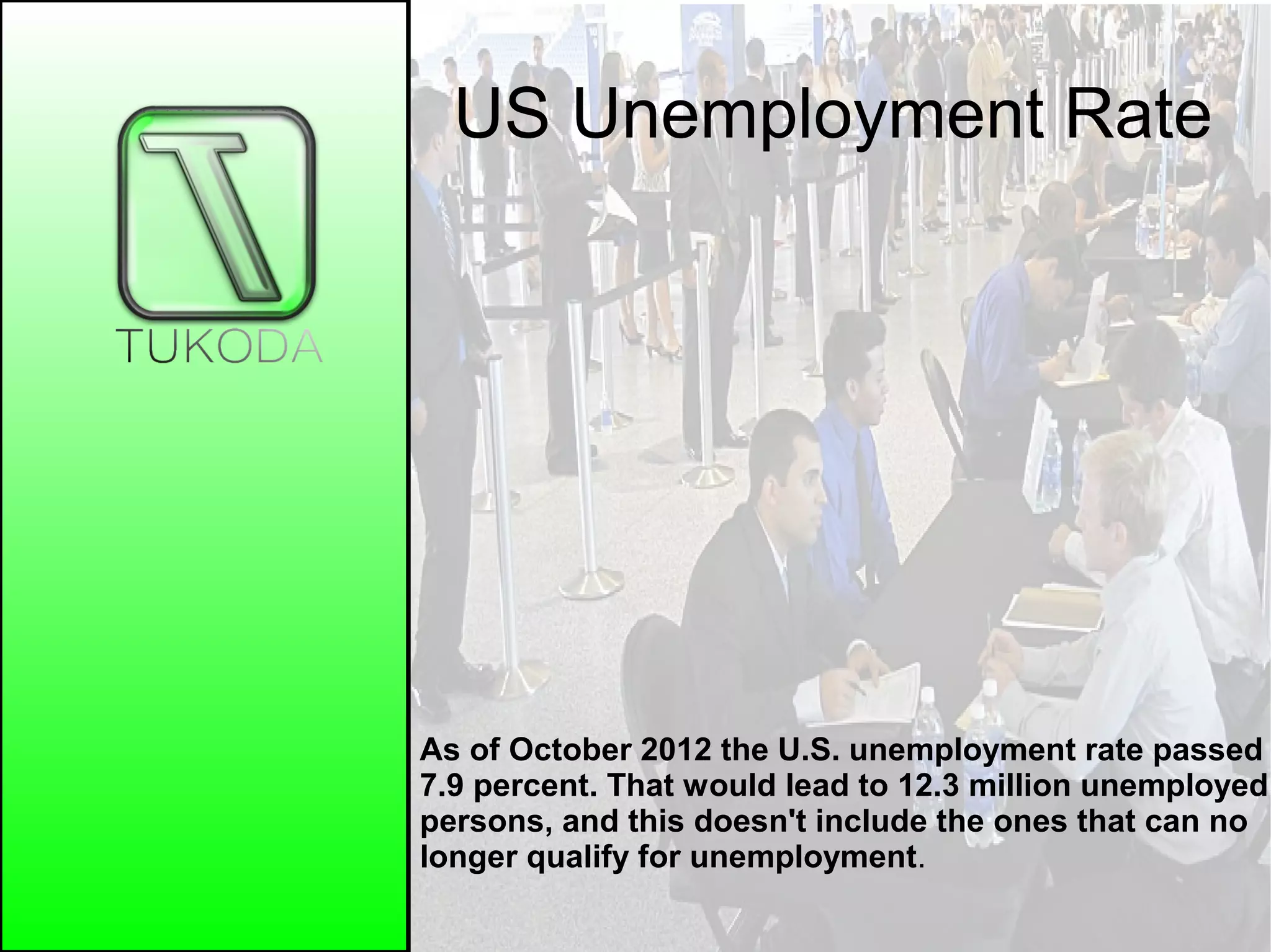 US Unemployment Rate
As of October 2012 the U.S. unemployment rate passed
7.9 percent. That would lead to 12.3 million unemployed
persons, and this doesn't include the ones that can no
longer qualify for unemployment.
 