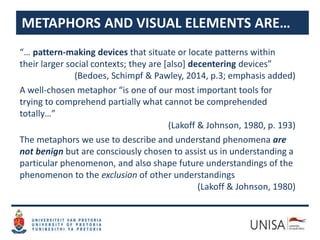 “… pattern-making devices that situate or locate patterns within
their larger social contexts; they are [also] decentering devices”
(Bedoes, Schimpf & Pawley, 2014, p.3; emphasis added)
A well-chosen metaphor “is one of our most important tools for
trying to comprehend partially what cannot be comprehended
totally…”
(Lakoff & Johnson, 1980, p. 193)
The metaphors we use to describe and understand phenomena are
not benign but are consciously chosen to assist us in understanding a
particular phenomenon, and also shape future understandings of the
phenomenon to the exclusion of other understandings
(Lakoff & Johnson, 1980)
METAPHORS AND VISUAL ELEMENTS ARE…
 